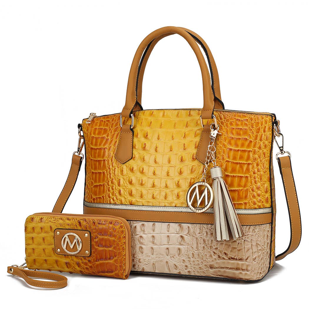 Autumn Crocodile Skin Tote Bag with Wallet by Mia k: Cognac-Black